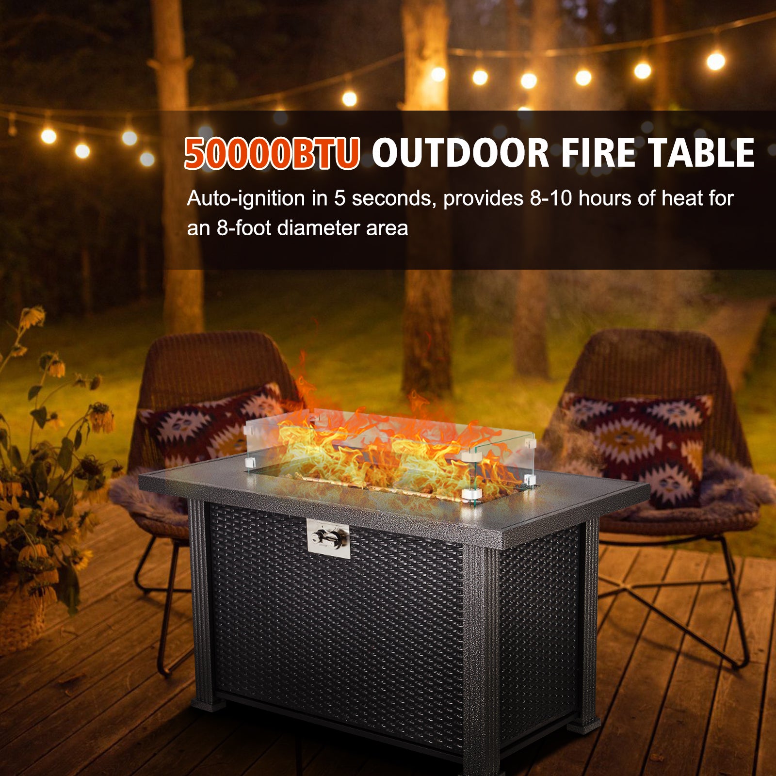 Propane Fire Pit Table 44" L x25 W x 24.5" H, 50000BTU Rectangle Fire Table with Windshield, Sturdy Steel and Iron Fence Surface, CSA Safety Certified Black Firepit Table