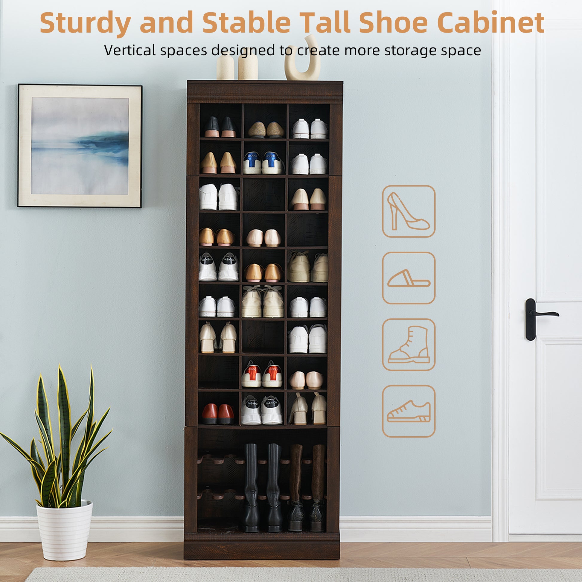 GARVEE Shoe Storage Cabinet, Freestanding Tall Closet Shoe Organizer with Cubbies for 33 Pairs, Wooden Shoe Rack for Closet, Entryway, Living Room