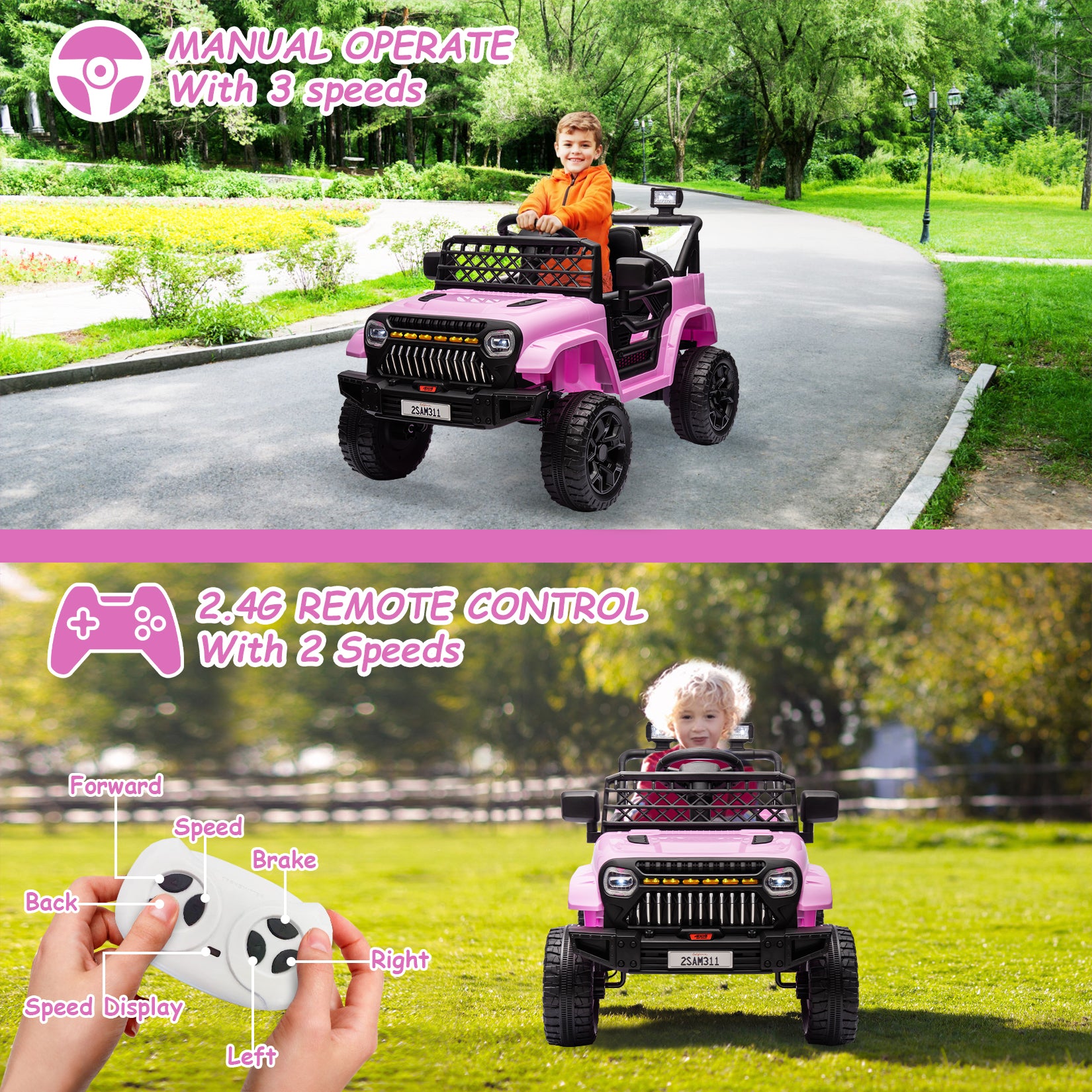 GARVEE 12V Kids Ride On Truck Electric Car Toy for Toddles with 2.4G Remote Control, Spring Suspension, Battery Display, LED Lights, Music, Battery Powered Ride on Car for Boys Girls (Pink)