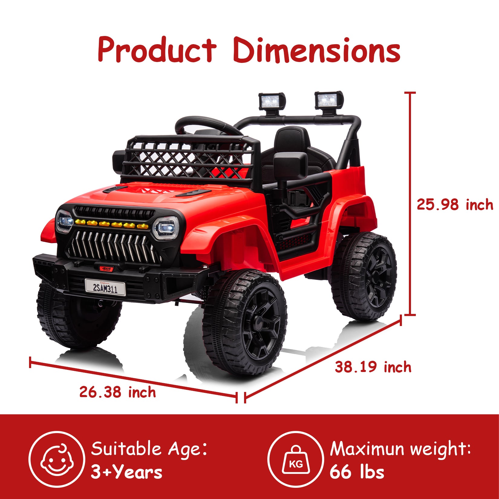 GARVEE 12V Kids Ride On Truck Electric Car Toy for Toddles with 2.4G Remote Control, Spring Suspension, Battery Display, LED Lights, Music, Battery Powered Ride on Car for Boys Girls(Red)