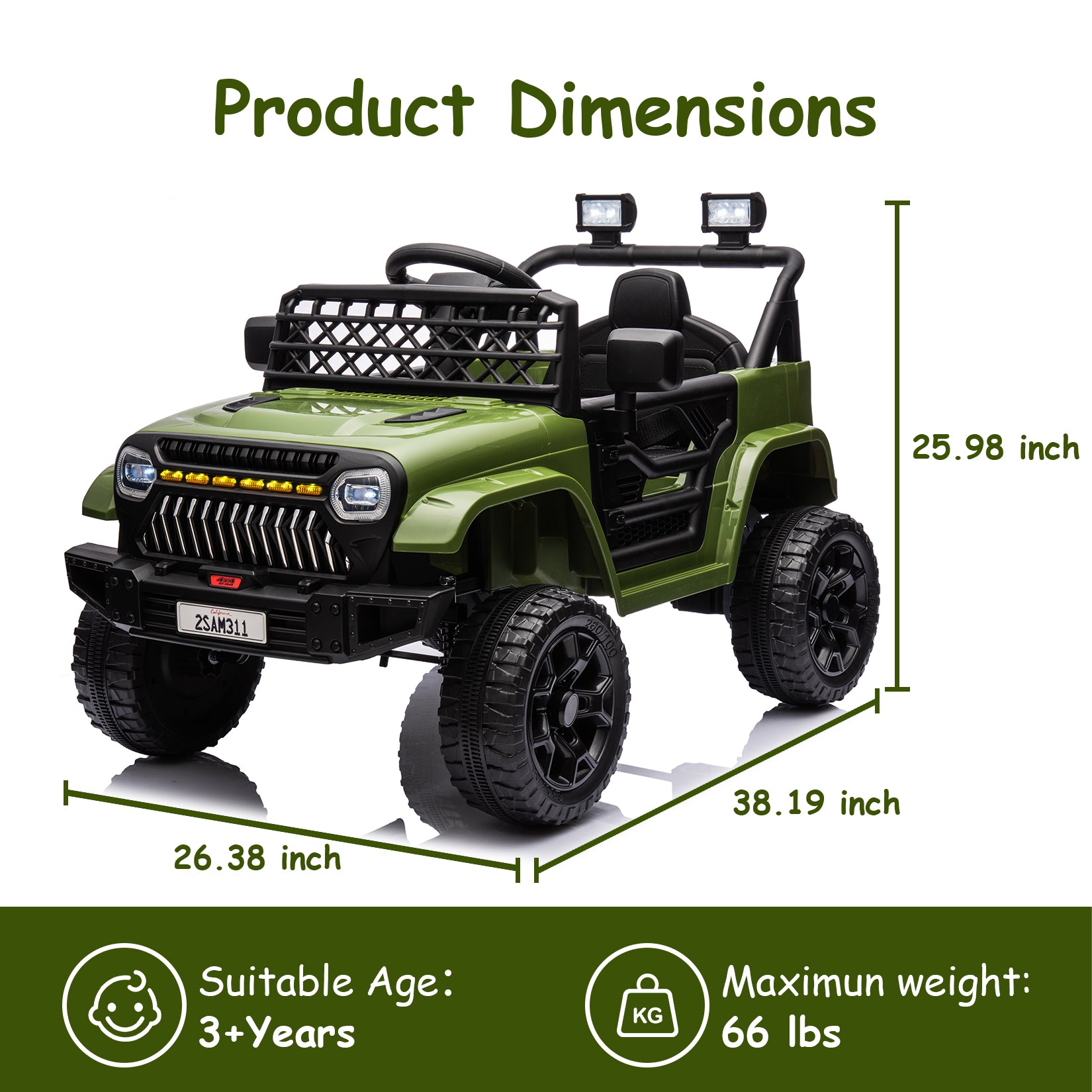 GARVEE 12V Kids Ride On Truck Electric Car Toy for Toddles with 2.4G Remote Control, Spring Suspension, Battery Display, LED Lights, Music, Battery Powered Ride on Car for Boys Girls(Army Green)