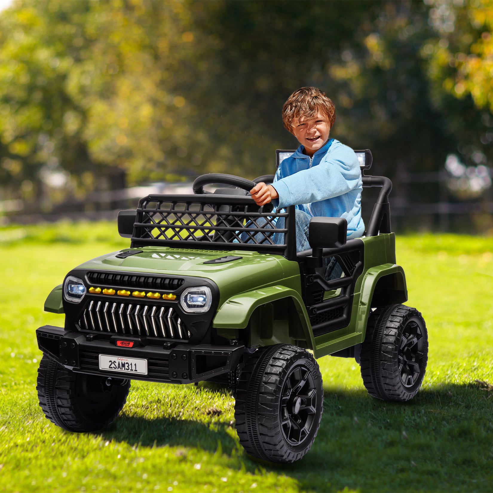 GARVEE 12V Kids Ride On Truck Electric Car Toy for Toddles with 2.4G Remote Control, Spring Suspension, Battery Display, LED Lights, Music, Battery Powered Ride on Car for Boys Girls(Army Green)