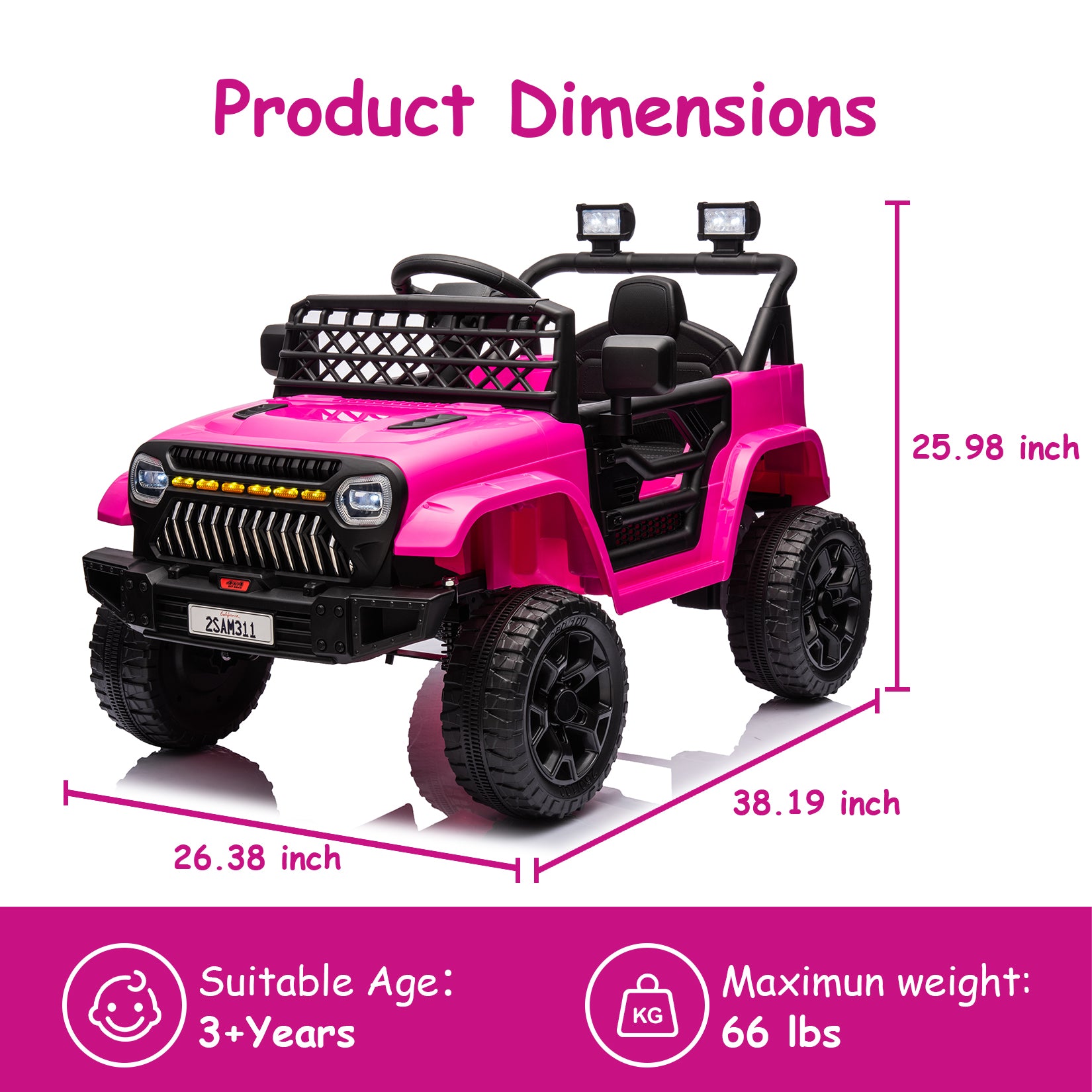 GARVEE 12V Kids Ride On Truck Electric Car Toy for Toddles with 2.4G Remote Control, Spring Suspension, Battery Display, LED Lights, Music, Battery Powered Ride on Car for Boys Girls(Rose Red)