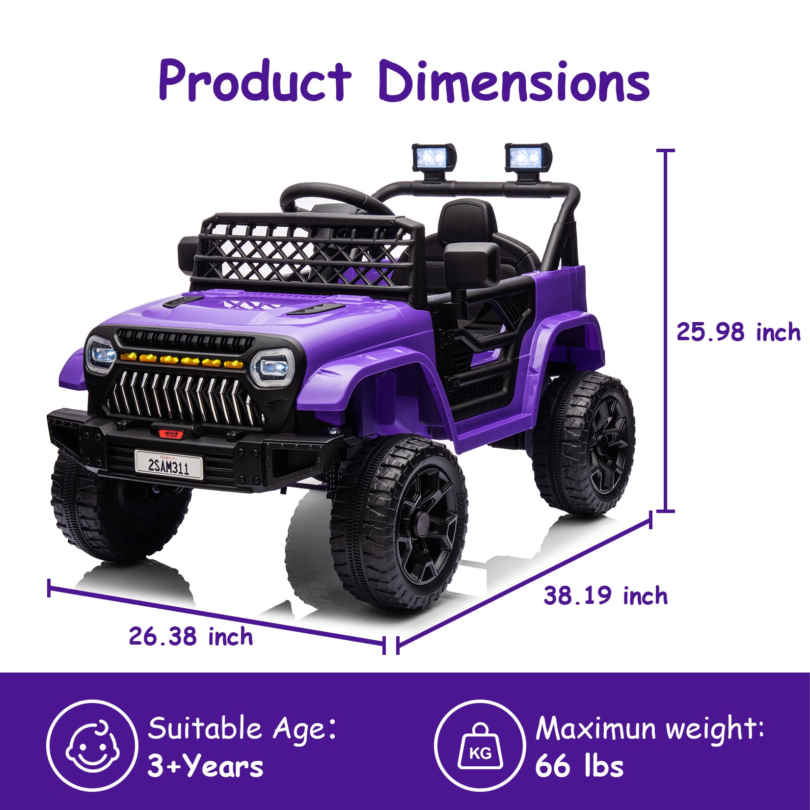 GARVEE 12V Kids Ride On Truck Electric Car Toy for Toddles with 2.4G Remote Control, Spring Suspension, Battery Display, LED Lights, Music, Battery Powered Ride on Car for Boys Girls(Purple)