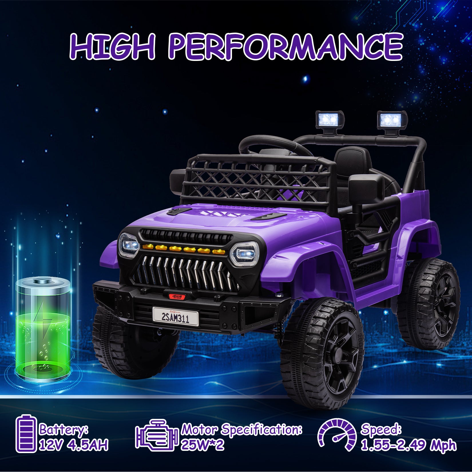 GARVEE 12V Kids Ride On Truck Electric Car Toy for Toddles with 2.4G Remote Control, Spring Suspension, Battery Display, LED Lights, Music, Battery Powered Ride on Car for Boys Girls(Purple)