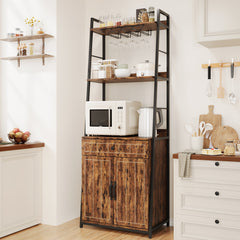 GARVEE Baker Rack with Cabinet Tall Standing Microwave Rack with Drawer Vintage Spice Rack with Adjustable Feet 5 Tier