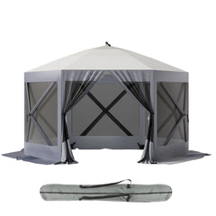 GARVEE Pop-up Hexagon Gazebo, 12X12ft Outdoor Camping Tent, Screen shelter Tent, Portable Carry Bag，Fiber Poles, Guy Rope and Ground Pegs for Patio, Lawn, Backyard, for 8-10 person,White + Silver