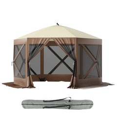 GARVEE Pop-up Hexagon Gazebo, 12X12ft Outdoor Camping Tent, Screen shelter Tent, Portable Carry Bag，Fiber Poles, Guy Rope and Ground Pegs for Patio, Lawn, Backyard, for 8-10 person,Brown + Beige