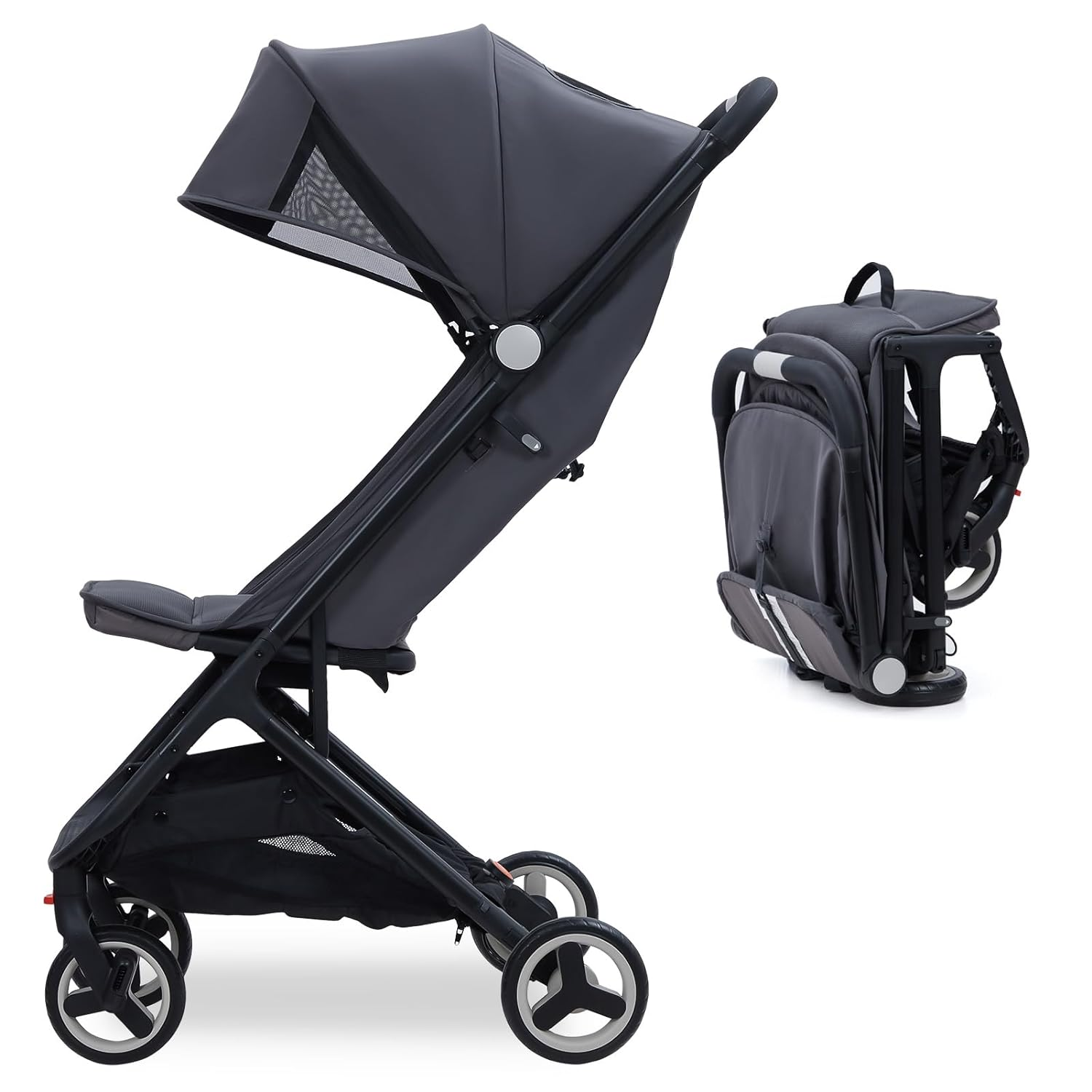 GARVEE Lightweight Compact Stroller, One Hand Fold, Airplane Friendly, Reclining Seat, Canopy, Smooth Suspension, Travel Ready, Pink, Ideal for Travel - Gray