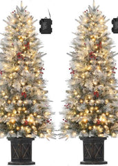 GARVEE 4.5 FT Prelit Premium Snow Flocked Artificial Christmas Tree with 8 Mode Warm White LED, Mini Prelit Xmas Pine Tree for Christmas Decoration,Yard,Home,Office,Outdoor,Indoor, Black Base- 2PCS