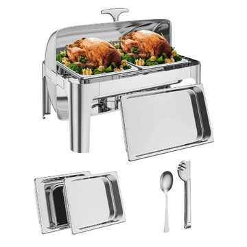 GARVEE 9QT(1×1/1+2×1/2Pan)Stainless Steel Roll Top Chafing Dish ,Stainless Steel Chafing Dish Set Equipped with Full Size Pan Chafer for Wedding,Parties,Banquet,Catering Event,1 Pack