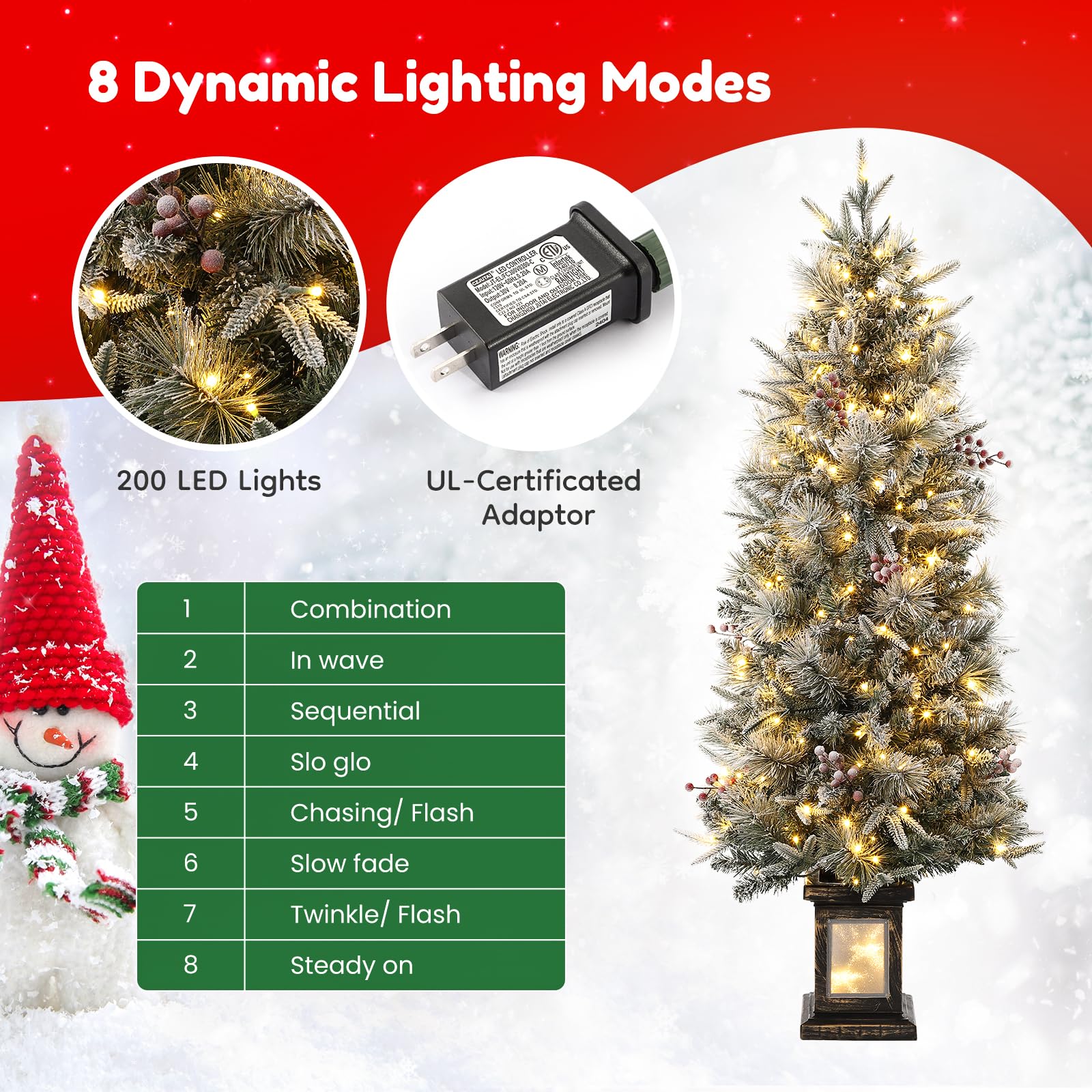 GARVEE 4.5 FT Prelit Premium Snow Flocked Artificial Christmas Tree with 8 Mode Warm White LED, Mini Prelit Xmas Pine Tree for Christmas Decoration,Yard,Home,Office,Outdoor,Indoor, Shine Base- 1PC