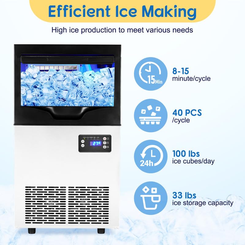 GARVEE 100LBS/24H Commercial Ice Maker with 33LBS Bin, Automatic Stainless Steel, for Home Bar, Including Water Filter, Scoop, Connection Hos