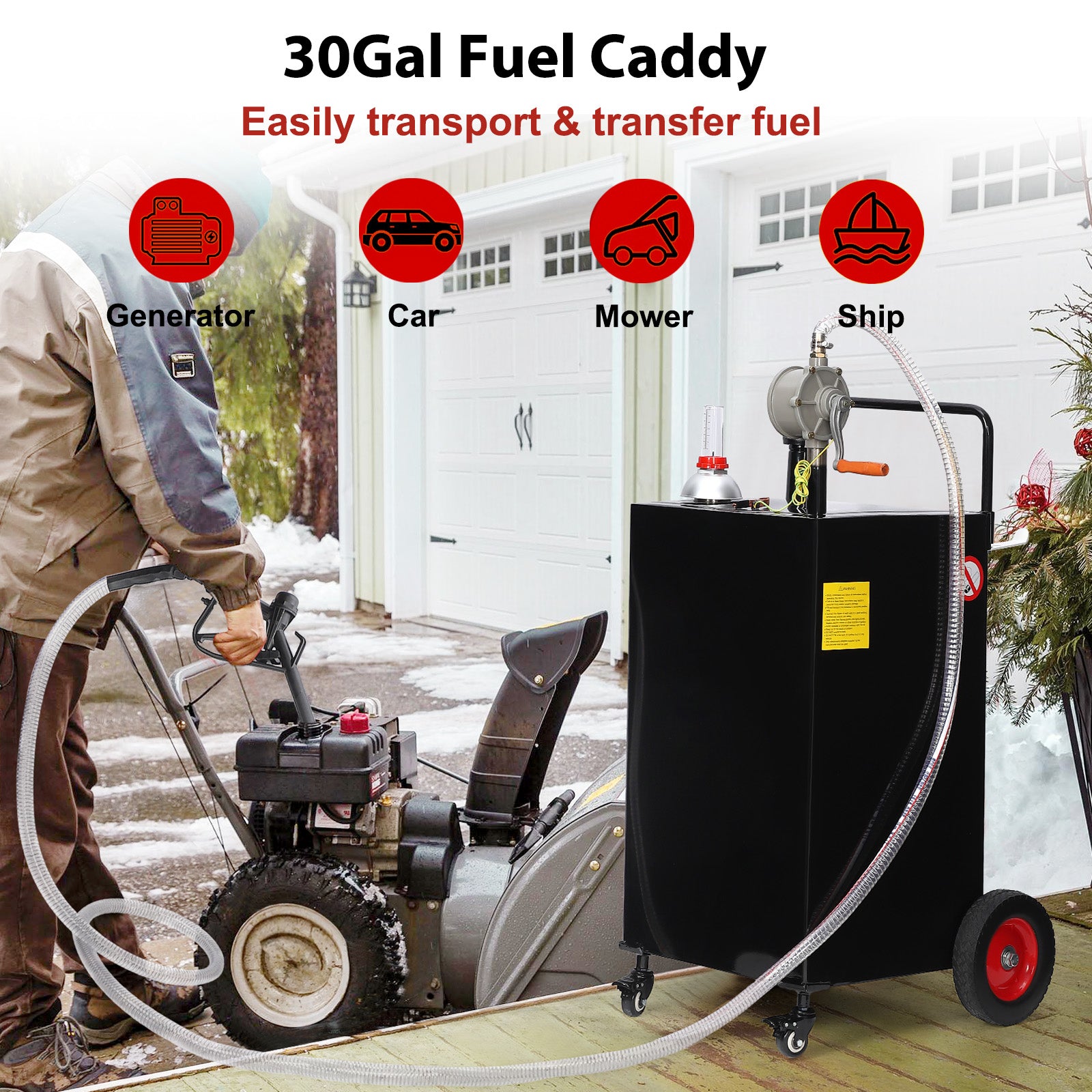 30 Gallon Stainless Steel Portable Fuel Caddy, Manual Pump & 4 Wheels