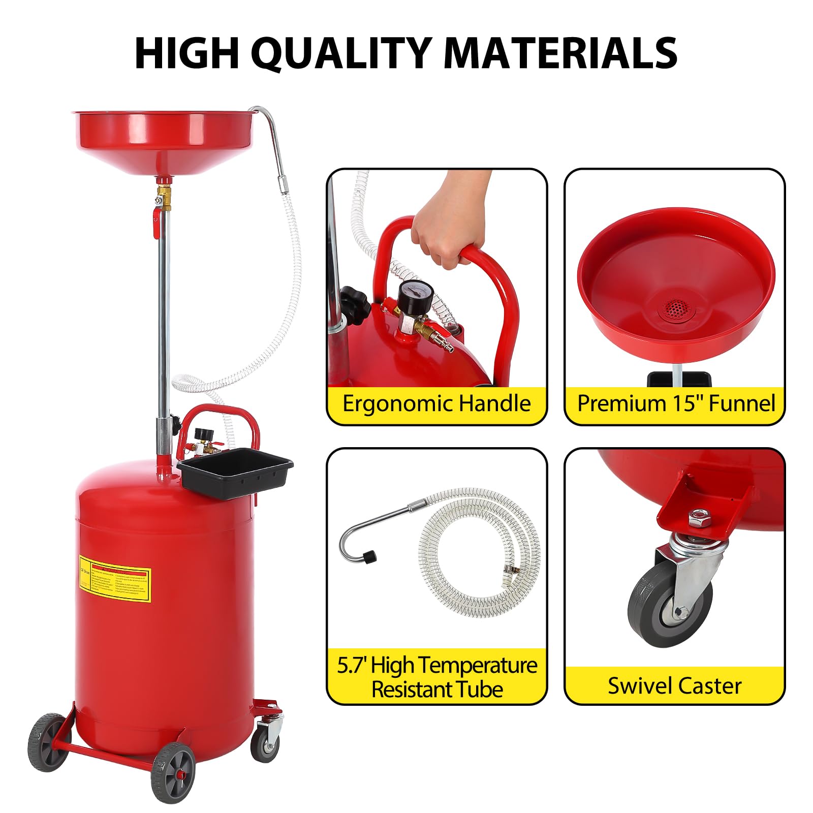 GARVEE 20 Gallon Waste Oil Drain Tank, Portable Oil Drain Container, Air Operated Drainer, Fluid Fuel Transfer Drainage, Adjustable Funnel Height with Wheel &15'' Premium Bowl and a Toolbox, Red