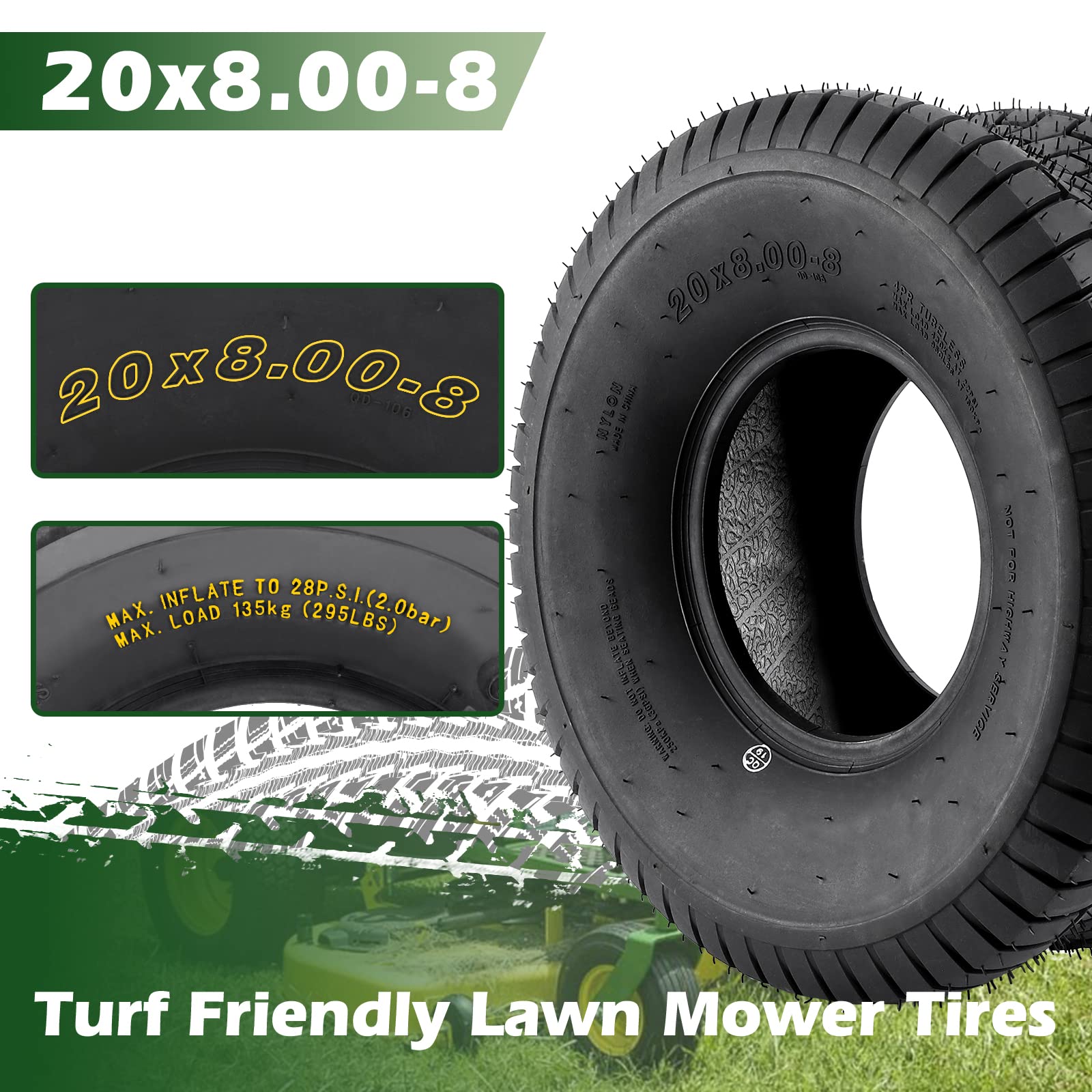 15x6.00-6 Lawn Mower Tire, 15x6x6 Tractor Turf Tire, 4 ply Tubeless, 565lbs Capacity, Set of 2