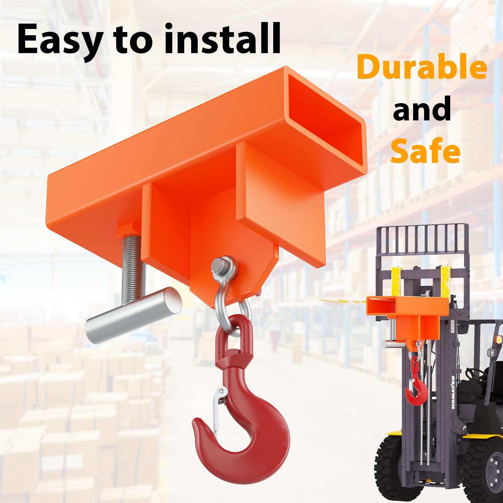 GARVEE Forklift Lifting Hook Attachment, 2200 Lbs Capacity Single Mobile Forklift Crane, Forklift Lifting Hoist with Swivel Hook and Large T-Screw, Orange