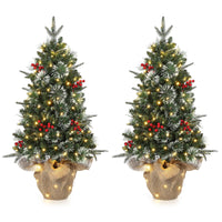 GARVEE 3ft Pre Lit Fiber Optic Christmas Tree with a Burlap Base, Artificial Small Tabletop Christmas Tree with Lights, Decorated with Pine Cones, Red Berries, 8 Lighting Modes,2 PCS