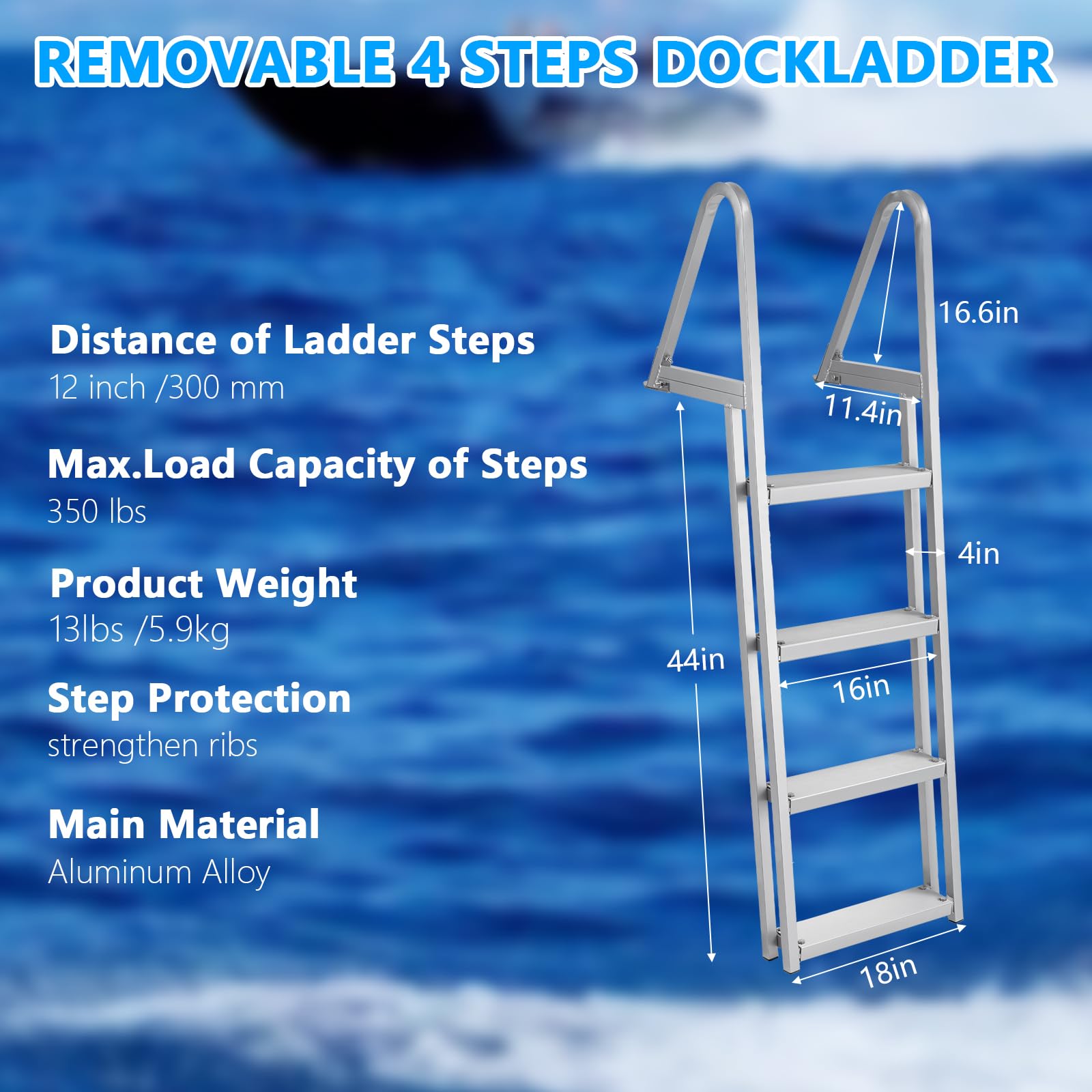 GARVEE Removable Dock Ladder 4 Steps + Anti-Corrosion 6063 Aluminum + Reinforced Dual Handrails + Nonslip Pedals + Adjustable Height + 500lbs Capacity + Suitable for Lake/Pool/Boarding