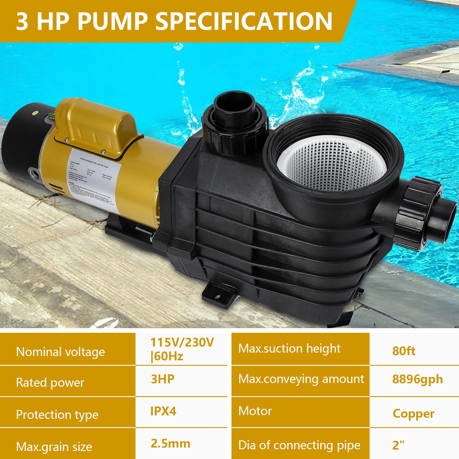 GARVEE 3HP Swimming Pool Pump Dual voltage pump In/Above Ground Water Pump, 115V/230V 8896GPH & High Flow, Powerful Primming Swimming Pool Pumps with Filter Basket, Low Noise for Family