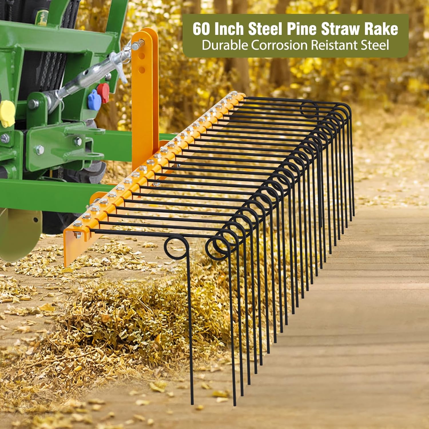 GARVEE Pine Straw Rake 60 Inch , 6mm Rake Needle, 26 Coil Spring Tines Durable Powder Coated Steel Tow Behind Landscape Rake with 3 Point Hitch Receiver Attachment Fit to Cat0 Cat 1 Tractors for Leaves Grass, Yellow