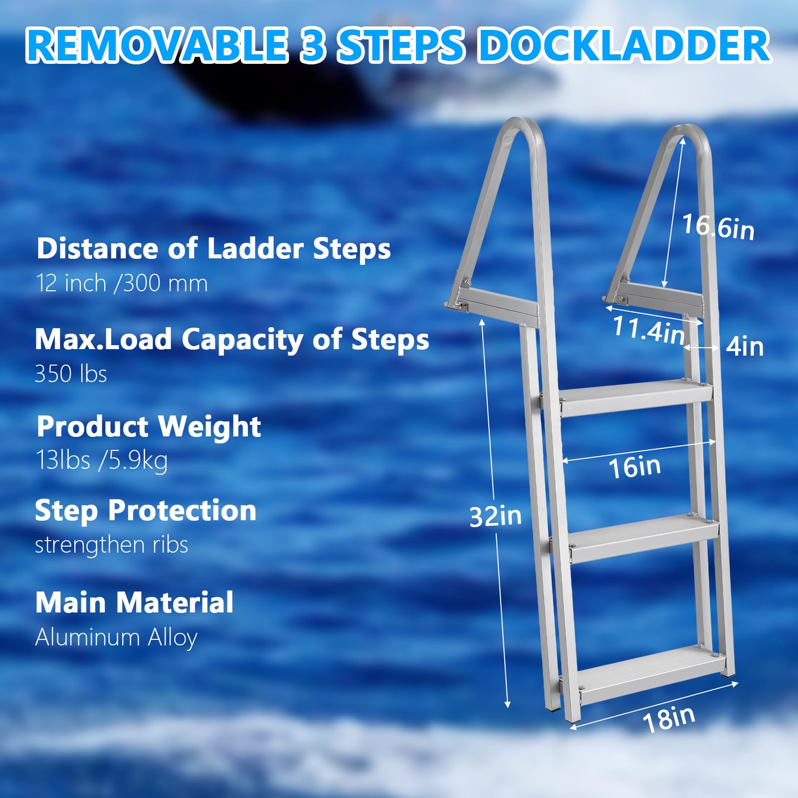 GARVEE Removable Dock Ladder 3 Steps, Pontoon Boat Ladder with Anti-Corrosion 6063 Aluminum & Upgraded Widen Nonslip, 350lbs Marine Pontoon Boat Dock for Lake/Pool/Boarding/RV,Straight Ladder