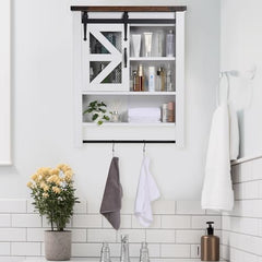 GARVEE Bathroom Organizer Cabinet, Over The Toilet Bathroom Cabinet with Towels Bar & Hooks, 3-Tier Over Toilet Cabinet with Sliding Barn Door for Bathroom Laundry Kitchen, Wall Mounted