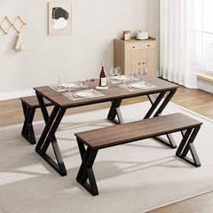 GARVEE Kitchen Table Set for 4-6 with Benches + Sturdy Metal Frame + Space-Saving Design + MDF Top + X-Shaped Metal Frame + Suitable for Dining Room, Apartment