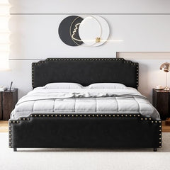 Garvee Queen Size Bed Frame, Velvet Upholstered Platform Bed Frame and Headboard with Rivet Decor, Strong Wood Slat Support, No Box Spring Needed, Easy Assembly (Black, Queen)