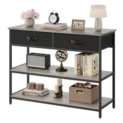 GARVEE Entryway Table with 2 Drawers, 3 Tier Console Table with Storage Shelves, Industrial Display Shelf Sofa Table for Living Room, Couch, Hallway, Foyer-Grey