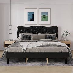 GARVEE Queen Size Faux Leather Upholstered Platform Bed Frame - Wood Slats, Adjustable Headboard, and Heavy Duty Mattress Foundation, Noise Free Design and No Box Spring Needed in Black