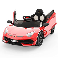 GARVEE Ride on Car for Kids 12V Licensed Lamborghini Electric Vehicles Battery Powered Sports Car with Control, 2 Speeds, Sound System, LED Headlights and Hydraulic Doors - Red