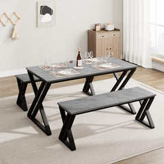 GARVEE Kitchen Table Set for 4 with Benches + X-Shaped Metal Frame + Space-Saving Design + MDF Tabletop + Rust-Resistant + Gray, 44.8