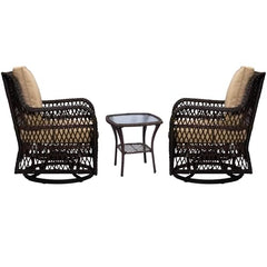 GARVEE 3 Pieces Rattan Swivel Rocking Chair Outdoor, Patio Bistro Conversation Furniture Set, Wicker Chair with Cushions and Table