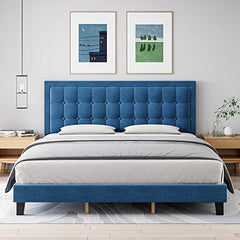 GARVEE Full Size Upholstered Bed Frame with Button Tufted Headboard, Heavy Duty Metal Foundation, Wood Slats, Adjustable Height, Noise-Free, No Box Spring Needed, Blue