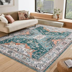 GARVEE Boho Rug Vintage Bedroom Rug 3x5 Green Rug Washable Rugs for Living Room Non Slip Office Carpet Southwestern Rug Low Pile Farmhouse Area Rugs Distressed Rug Oriental Floor Cover