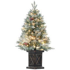 GARVEE 3ft Christmas Tree Pre-Lit Artificial Christmas Tree with Vintage Potted Base, Flocked Snow 70 Warm White LED Lights Red Berries, Festival Decoration Xmas Holiday Decor for Home, Entrances