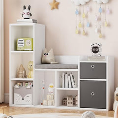 GARVEE Kids Bookshelf Toy Storage Organizer 6-Cubby Bench 2 Drawers Wooden Frame Reading Nook Cushion for Kids Room