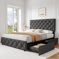 Garvee Full Size Bed Frame with 4 Storage Drawers, Faux Leather Upholstered Platform Bed Frame with Adjustable Headboard, Diamond Stitched Button Tufted, No Box Spring Needed, White