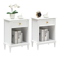 GARVEE White Nightstands Set of 2 with Drawer & Shelf, MDF Material, Modern Design, for Bedroom, Living Room, College Dorm