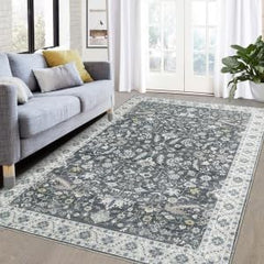 Garvee Grey Rugs 4x6, Machine Washable Living Room Area Rug Indoor Vintage Floor Carpet Distressed Floral Print Throw Rugs Non Slip Foldable Thin Rugs Retro Accent Floor Carpet for Bedroom Dining Room