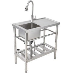 GARVEE Outdoor Free Standing Sink With Faucet and Drainboard, Utility Stainless Steel Kitchen 1 Bowl Sink, Station Sink With Storage Shelves, for Restaurant, Cafe, Bar, Hotel, Garage, Laundry Room