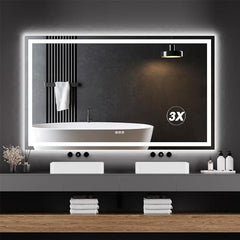 GARVEE LED Bathroom Mirror 60X36“ Wall-Mounted Vanity Mirrors Stepless Dimmable Wall Mirrors with 3X Magnification, Anti-Fog, Backlit + Front Lit, Memory Function, Waterproof, Tempered Glass