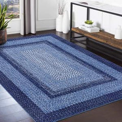 GARVEE Braided Rug 6x9 Washable Boho Print Accent Rug, Vintage Low Pile Non-Slip Indoor Carpet, Polyester, Foldable, Living Room, Bedroom, Office, Nursery, Navy