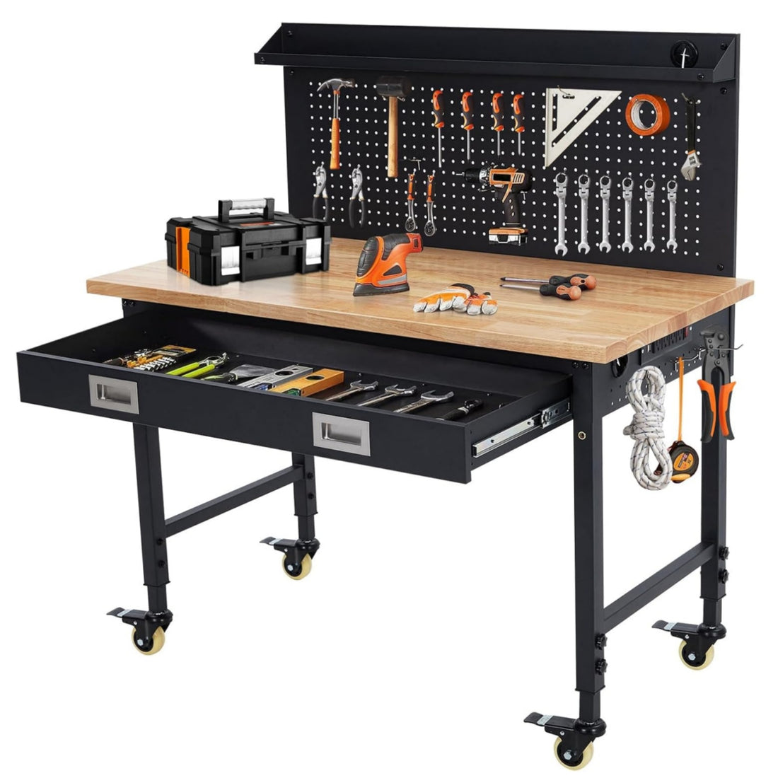 GARVEE 48"x 24" Workbench for Garage, Heavy Duty Workstation with Drawer Storage, Backplate, 2000LB Load Capacity, Multipurpose Rubber Wood Shop Table with Power Outlets, Hooks, Hardwood Workbench