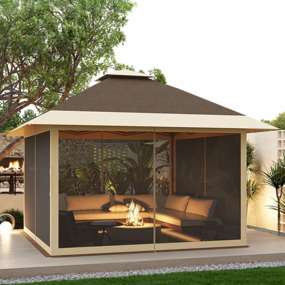 13x13ft Pop Up Gazebo Outdoor Canopy Shelter with Mosquito Netting 4 Stanbags Instant Gazebo Tent for Lawn, Garden, Backyard Deck (Khaki + Dark Khaki)