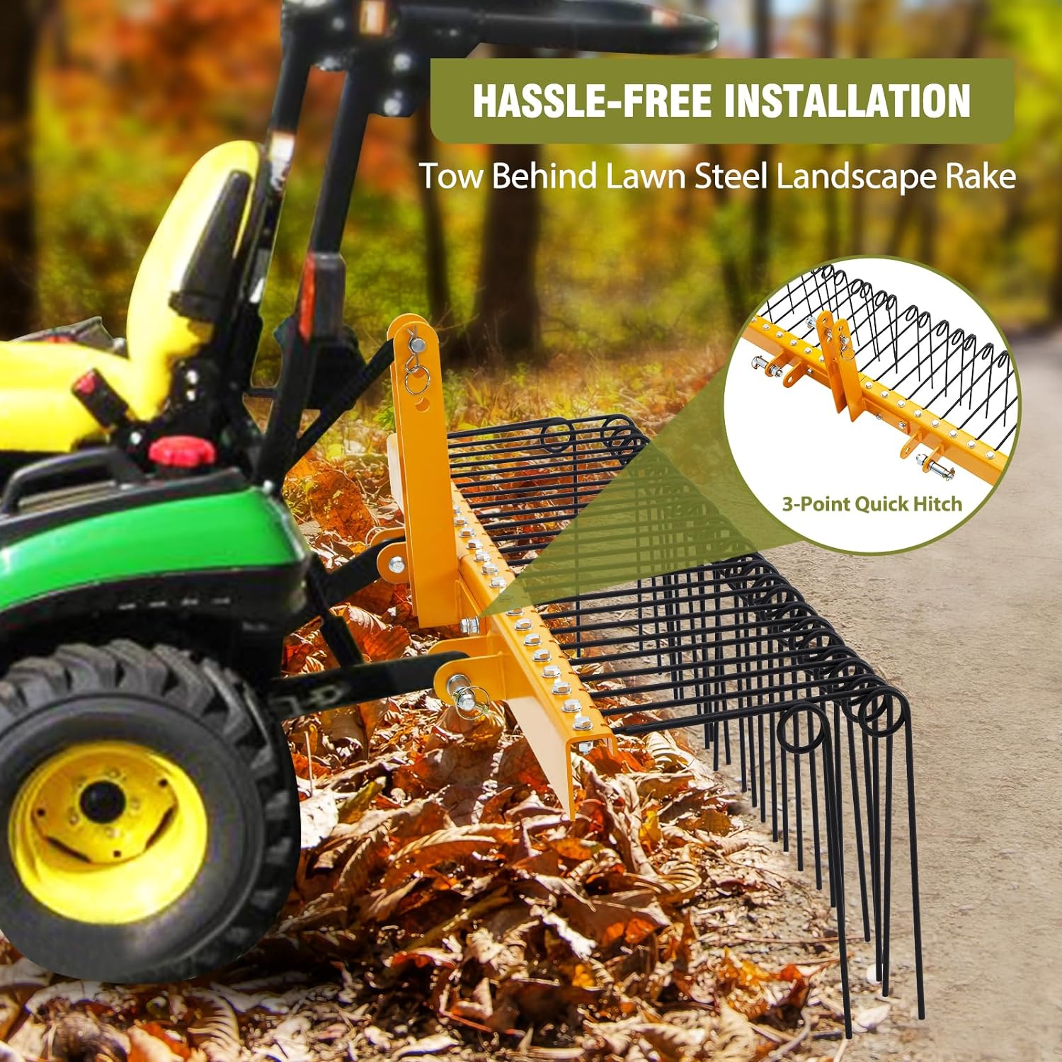 GARVEE Pine Straw Rake 60 Inch , 6mm Rake Needle, 26 Coil Spring Tines Durable Powder Coated Steel Tow Behind Landscape Rake with 3 Point Hitch Receiver Attachment Fit to Cat0 Cat 1 Tractors for Leaves Grass, Yellow