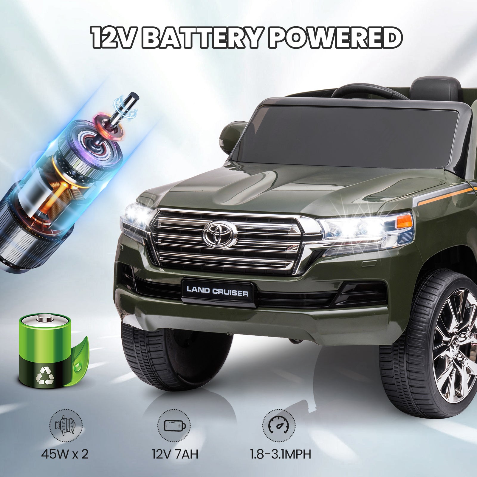 GARVEE 12V Toyota Land Cruiser Kids' Car: Remote, LED, 3 Speeds, Dual 45W Motors, USB Music, Seat Belt, CPC & ASTM Approved - Green