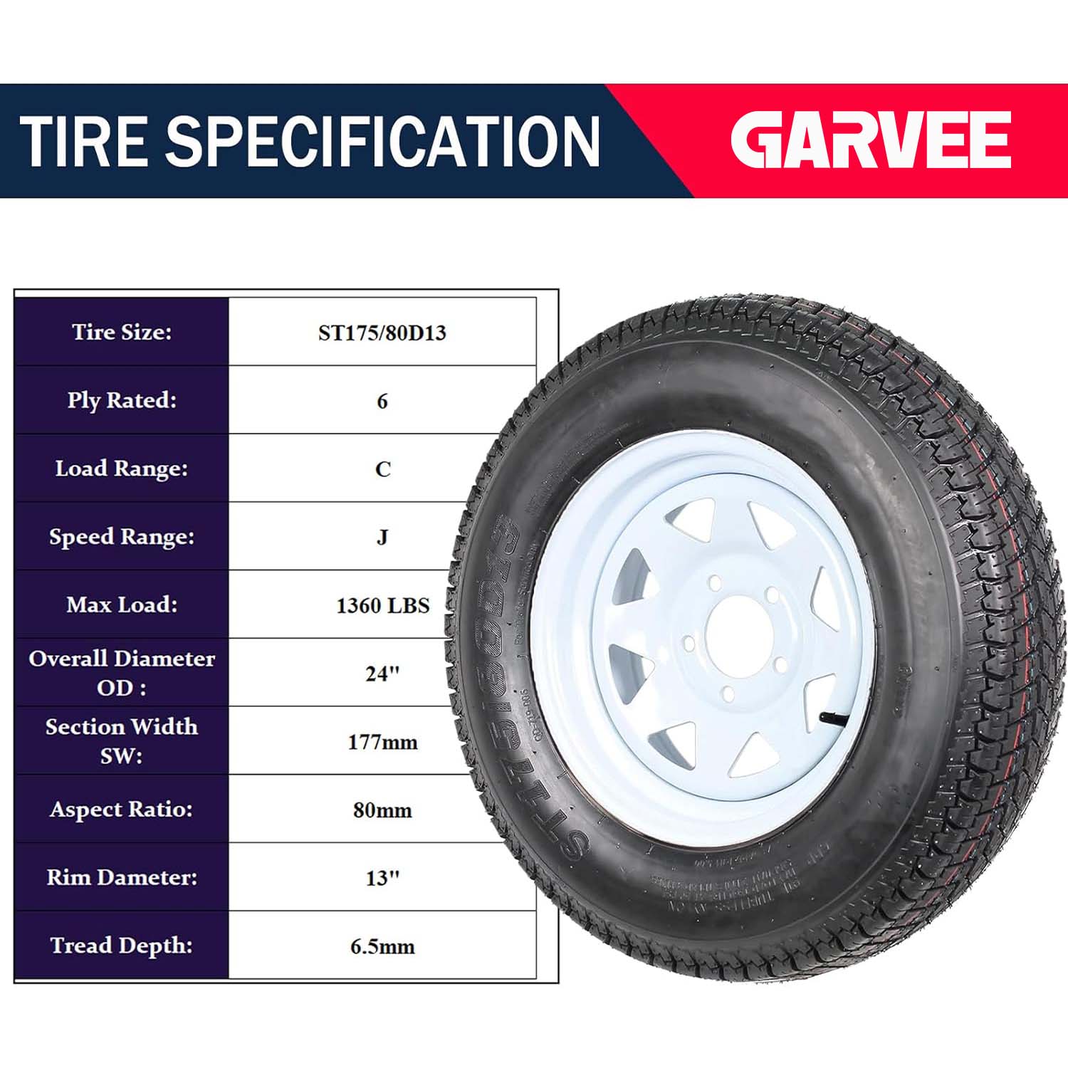 GARVEE Set of 2 Trailer Tires Rims 175-80 5 Lug  6PR White Spoke Wheel Load Range C