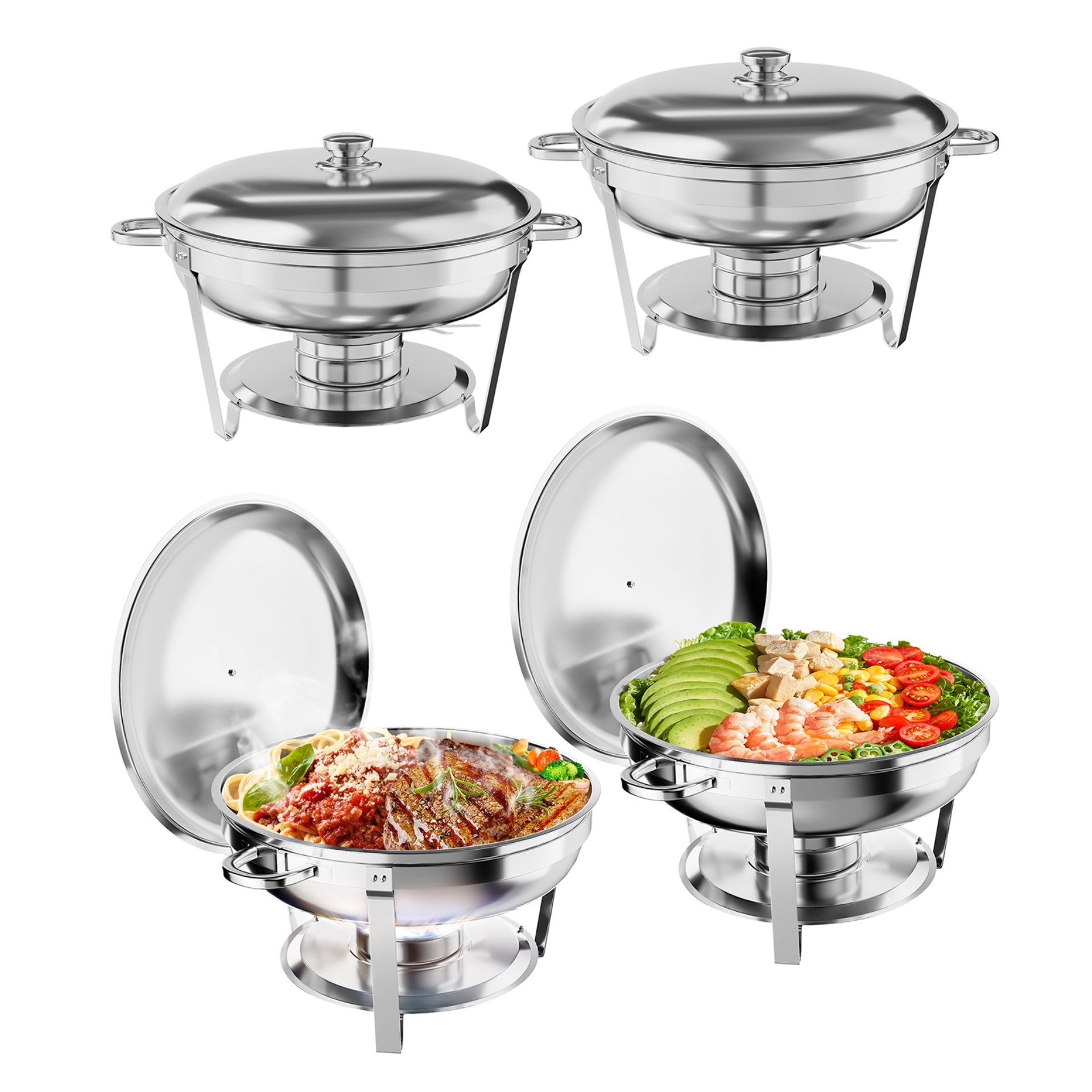 GARVEE 5QT Chafing Dish Buffet Set of 4 Pack, Round Stainless Steel Food Warmers Buffet Servers Sets, Chafer with Food & Water Pan, Lid, Frame, Fuel Holder for Catering and Parties